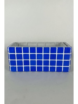 Vera Concept Store Flatform Pera Mozaik Saksı – El Yapımı 3 Bölmeli Dikdörtgen Sukulent Saksısı, Renkli Seramik Mozaik Dekoratif Saksı (Mavi)