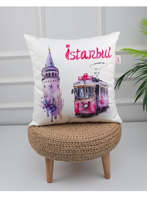Vera Concept Store Istanbul Galata Kulesi ve Nostaljik Tramvay Desenli Dijital Baskılı Dekoratif Kırlent Kılıfı