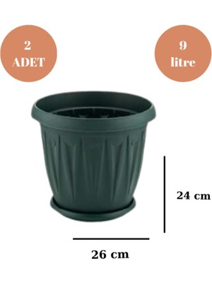 Vera Concept Store Balkon Saksı Bahçe Saksısı Büyük Boy Yuvarlak Saksı ve Altlığı 9 Litre 2 Adet 26X24 Yeşil Yeşil