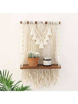 Vera Concept Store Tek Katlı Makrome Boho Duvara Asılan Raf, El Yapımı Bohem Ahşap Dokuma Bitkiler Yüzer Raflar Dekoru, Mini Şık Halat Kristal Tutucu Banyo Yatak Odası M