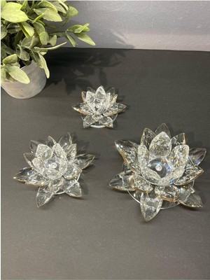 Vera Concept Store Peramari Dekoratif Kristal Cam Üçlü Lotus Mumluk Şeffaf Gold Şeffaf-Gold 7 x 10