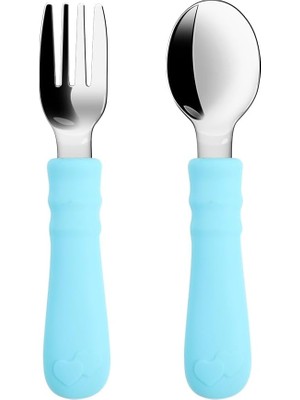 Vera Concept Store Silikon Saplı Paslanmaz Çelik Bebek Kaşık Çatal Seti (Açık Mavi)