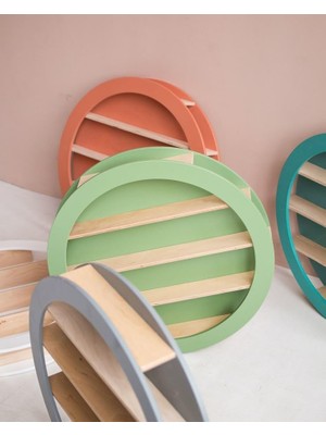 Vera Concept Store Modern Dekoratif Yuvarlak Duvar Rafı, Renkli Ahşap Çerçeve, Yeşil Gri Turuncu Turkuaz, Minimalist Tasarım, Duvar Dekorasyonu
