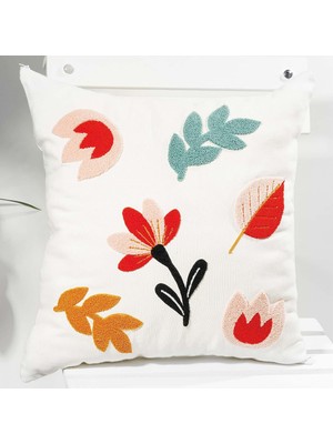 Vera Concept Store Çiçek Tarzı Punch Nakışlı Kırlent Kılıfı – 45X45 Cm, Beyaz Kumaş, Dekoratif Yastık Kılıfı