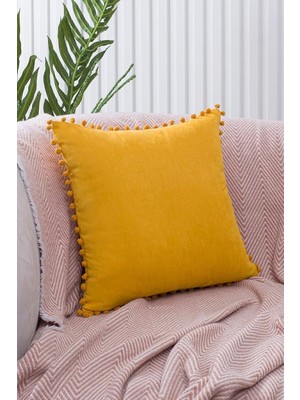 Vera Concept Store Asdiva Renk ve Ölçü Seçenekli Sarı Ponponlu Kırlent Kılıfı Dekoratif Düz Sade Punch Panoroma Sarı 45X45
