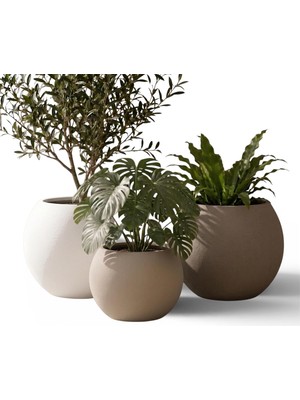 Vera Concept Store Zevli Japandi Tarzı Modern Küre Saksı 3'lü Set - Su Sızdırmaz Dekoratif Salon ve Balkon Saksısı Hediyelik Çiçeklik Seti (Sahra Kumu & Mermer Beyazı, 2