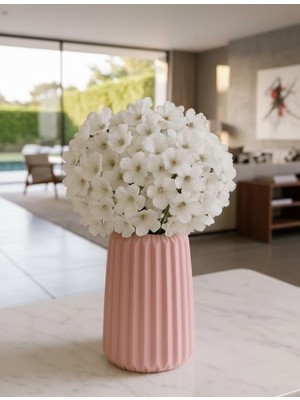 Vera Concept Store Mireva Pudra Pembe Çizgili Dekoratif Vazo 17 Cm, El Yapımı Taş Tozu Masa Üstü Vazo, Kuru ve Yapay Çiçekler Için