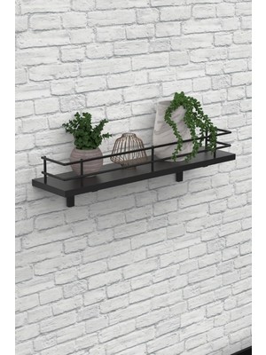 Vera Concept Store Modern Tasarımlı Metal Korkuluklu Siyah Ahşap Duvar Rafı