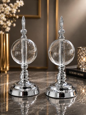Vera Concept Store Silver Crystal Cam Küre Dekoratif Obje Seti – Gümüş Metal Modern Salon & Ofis Aksesuarı (2'li)