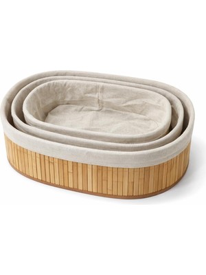 Vera Concept Store Bambu Meyvelik Sepeti 3'lü Set – Küçük, Orta, Büyük Boy – Çıkarılabilir Kumaş Astarlı – Doğal Ahşap Dekoratif Tezgah & Masa Üstü Organizer (Elips)