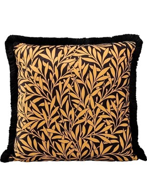 Vera Concept Store Asdiva Lüks Kadife 43X43 cm Kırlent Kılıfı Dekoratif Yumuşak Salon Avangart Saçaklı Sarı Siyah Sarı Yaprak