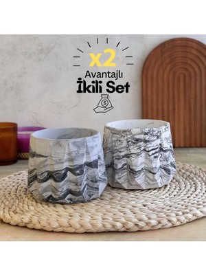 Vera Concept Store El Yapımı,dekoratif Lüx Saksı,orta Boy Ikili Set, Dekoratif Mermer Desenli Beton Saksı 2 Adet, Ev ve Ofis Saksısı