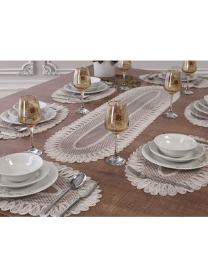 Vera Concept Store Tropik Home 6 Kişilik Amerikan Servis Supla ve Runner Takımı 7 Parça Çeyiz Seti Nakışlı Masa ve Sunum Seti Kırık Beyaz Vivien