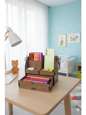 Vera Concept Store Curve 3 Gözlü, Çekmeceli Masaüstü Ahşap Organizer Kalemlik- Takı Makyaj Çok Amaçlı Organizer (Ceviz)