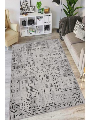 Vera Concept Store Gri Kaymaz Tabanlı Makinede Yıkanır Leke Tutmayan Hitit Desen Mutfak Halısı AR1376, Gri, 80 x 120