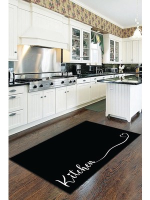 Vera Concept Store Siyah Kaymaz Tabanlı Kitchen Yazılı Mutfak Halısı Yolluk VH089, Siyah, 40 x 60