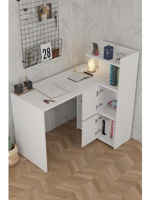 Vera Concept Store L Çalışma Masası Kitaplıklı Dolaplı Beyaz Sağ Yön