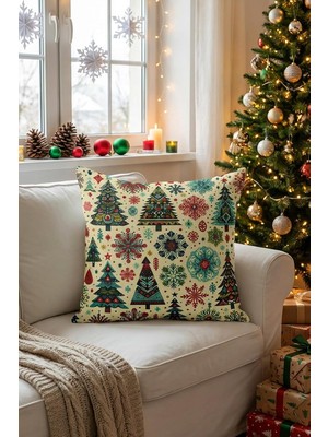 Vera Concept Store Renkli Yılbaşı Ağaçları Desenli Kırlent Kılıfı Çift Tarafı Baskılı Dekoratif Yastık Kılıfı - PL1139