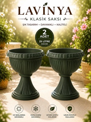 Vera Concept Store Klasik Ayaklı Saksı 25 L 2'li Set Dekoratif Büyük Boy Saksısı Yeşil