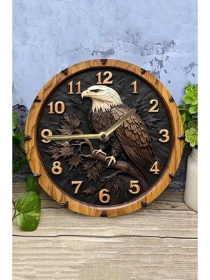 Vera Concept Store Sessiz Yuvarlak Ahşap Duvar Saati, Kuvars Hareketli 2d Kartal Desen SDW024