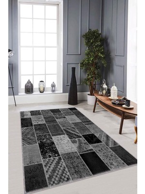 Vera Concept Store Kaymaz Tabanlı Makinede Yıkanabilir Modern Dijital Baskılı Patchwork Halı RV222, Gri, 160 x 230