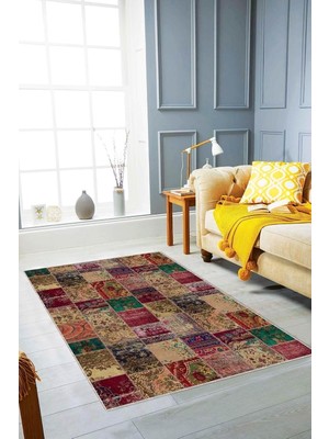 Vera Concept Store Kaymaz Tabanlı Makinede Yıkanabilir Modern Dijital Baskılı Patchwork Halı RV223, Bej, 160 x 230