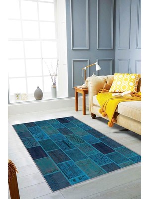 Vera Concept Store Kaymaz Tabanlı Makinede Yıkanabilir Modern Dijital Baskılı Patchwork Halı RV225, Turkuaz, 160 x 230
