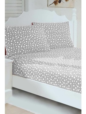 Vera Concept Store Mer-Tim Pamuklu Ranforce Çift Kişilik Battal Boy Lastiksiz Gri Yıldız Desenli Çarşaf Takımı 240X260