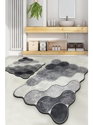 Vera Concept Store Chilai Home Circle Gri 2li Set Banyo Halısı Djt Yıkanabilir Kaymaz Taban Paspas Klozet Takımı