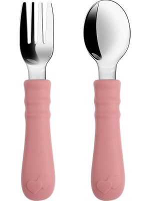 Vera Concept Store Silikon Saplı Paslanmaz Çelik Bebek Kaşık Çatal Seti (Pembe)