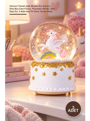 Yenilig 3 Adet Unicorn Temalı Işıklı Müzikli Kar Küresi – Orta Boy Cam Fanus, Polyester Gövde, Özel Ilaçlı Su, 3 Adet Aaa Pil Dahil, Snow Globe