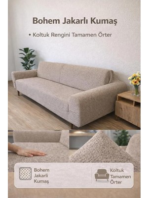Vera Concept Store Bohem Lastikli 3 Kişilik Koltuk Örtüsü Kaymaz Esnek ve Yıkanabilir Koltuk Kılıfı Bohem Vizon 180 x 230