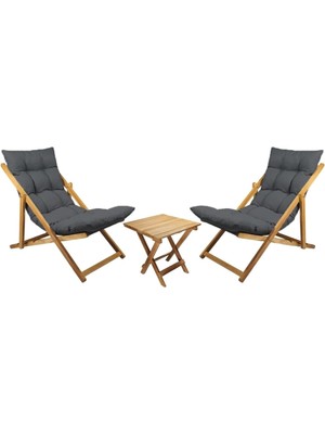 Vera Concept Store Ahşap Katlanabilir Taşinir Puf Minderli Şezlong. Plaj Bahçe Teras Balkon Sandalyesi Koltuğu Takımı Için 3 Lü Set (Antrasit)