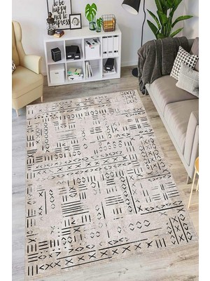 Vera Concept Store Bej Kaymaz Tabanlı Makinede Yıkanır Leke Tutmayan Hitit Desen Mutfak Halısı AR1368, Bej, 80 x 120