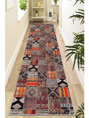 Vera Concept Store Kaymaz Tabanlı Makinede Yıkanabilir Patchwork Rulo Yolluk Halı, Turuncu, 80 x 300