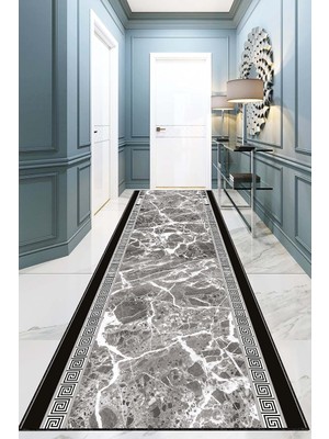 Vera Concept Store Gri Kaymaz Mermer Desen Kesme Rulo Özel Ölçülü Yolluk VH067, Gri, 120 x 310