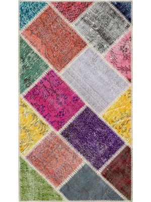 Vera Concept Store 82X146 cm Iskece Bej Patchwork Yün El Dokuma Modern Geometrik Etnik Eskitme Desenli Boho Oturma Odası Salon Yolluk Koridor Mutfak Halısı