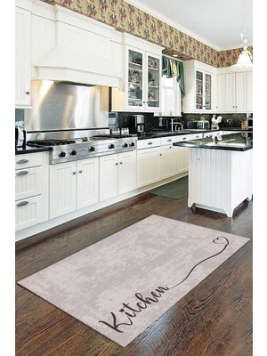 Vera Concept Store Bej Kaymaz Tabanlı Kitchen Yazılı Mutfak Halısı Yolluk VH090, Bej, 40 x 60