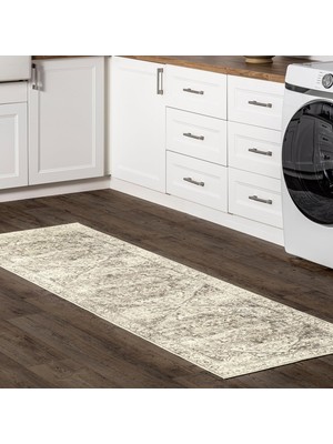 Vera Concept Store Brielle Makinede Yıkanabilir Vintage Madalyon Yolluk Halı, 2' 6 x 30, Gri