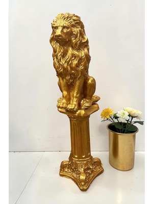 Vera Concept Store Dekoratif 53 cm Gold Altın Aslan ve Sütun Set Ev Balkon Bahçe Dekorasyon Biblo Heykel