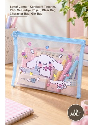 Yenilig 10 Adet Şeffaf Çanta – Karakterli Tasarım, Parti ve Hediye Poşeti, Clear Bag, Character Bag, Gift Bag