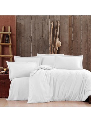 Vera Concept Store %100 Pamuk Saten (Lastikli Çarşaflı) Çizgili Tek Kişilik Nevresim Takımı Beyaz 120 x 200 ALENANM205