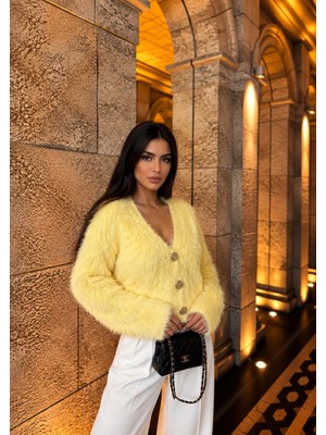 Elora Atelier SARI SAKALLI GOLD DÜĞMELİ V YAKA TRİKO
