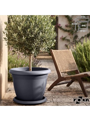 Vera Concept Store Tabaklı Yuvarlak Plastik Villa Saksı (Antrasit, 35 Litre))