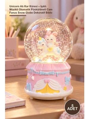 Yenilig 5 Adet Unicorn Atı Kar Küresi – Işıklı Müzikli Otomatik Püskürtmeli Cam Fanus Snow Globe Dekoratif Biblo