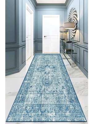 Vera Concept Store Isabel Mavi Yıkanabilir Kaymaz Tabanlı Kesme Rulo Halı Yolluk, 100 x 200