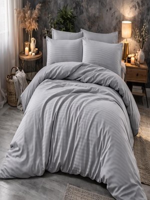 Vera Concept Store Vionetta Pamuk Saten Koyu Gri Çizgili Otel Serisi Lastikli Çarşaflı Tek Kişilik Nevresim Takımı