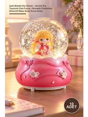 Yenilig 10 Adet Işıklı Müzikli Kar Küresi – Sevimli Kız Tasarımlı Cam Fanus, Otomatik Püskürtme, Dekoratif Masa Süsü Snow Globe