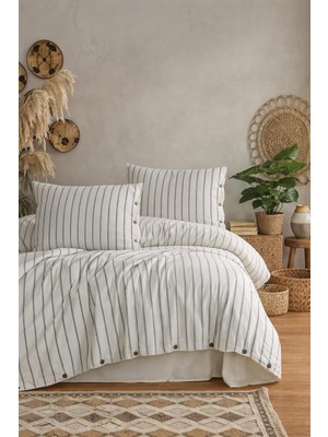 Vera Concept Store Uçkan HOME%100 Organik Pamuk Yıkanmış Çizgili Çift Kişilik Nevresim Takımı-Naturalis Serisi Siyah 200 x 220