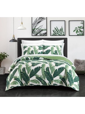 Vera Concept Store 9 Parça Yorgan Dikişli Palmiye Ağacı Baskılı Yatak Bir Çanta Çarşaf Seti Dekoratif Yastık Kılıfları Dahil, Polyester, Yeşil, Queen
